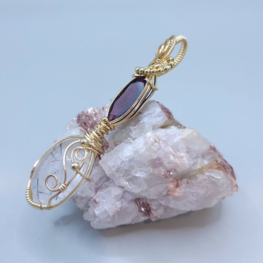 14K Gold Filled Tourmalated Quartz/Garnet Pendant