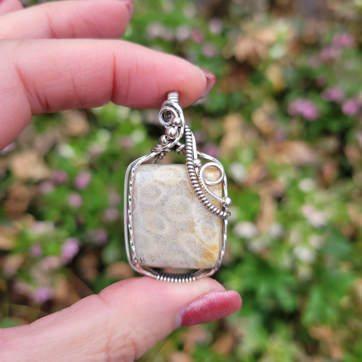 Antique Sterling Silver Fossilized Coral Pendant