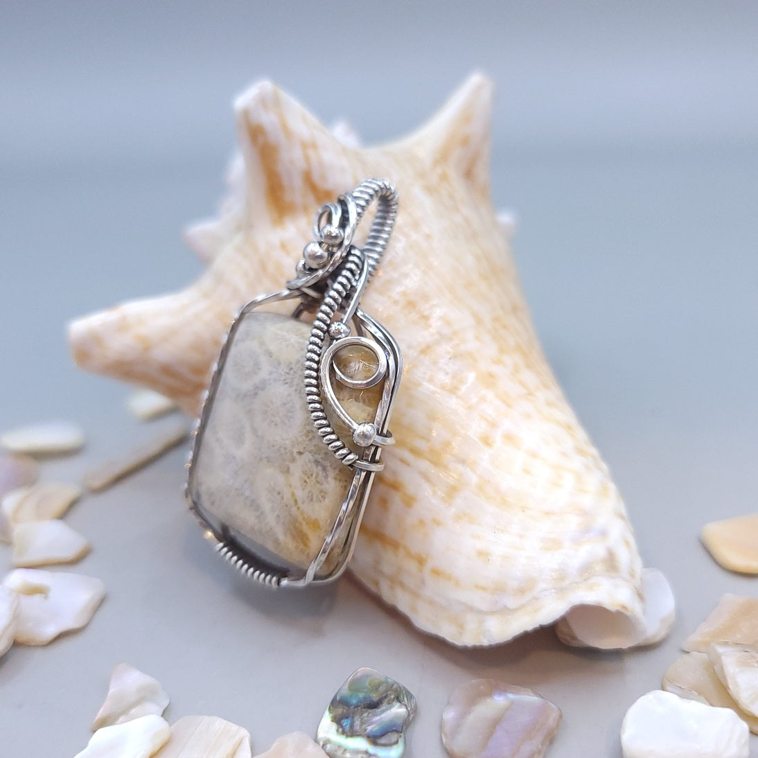 Antique Sterling Silver Fossilized Coral Pendant