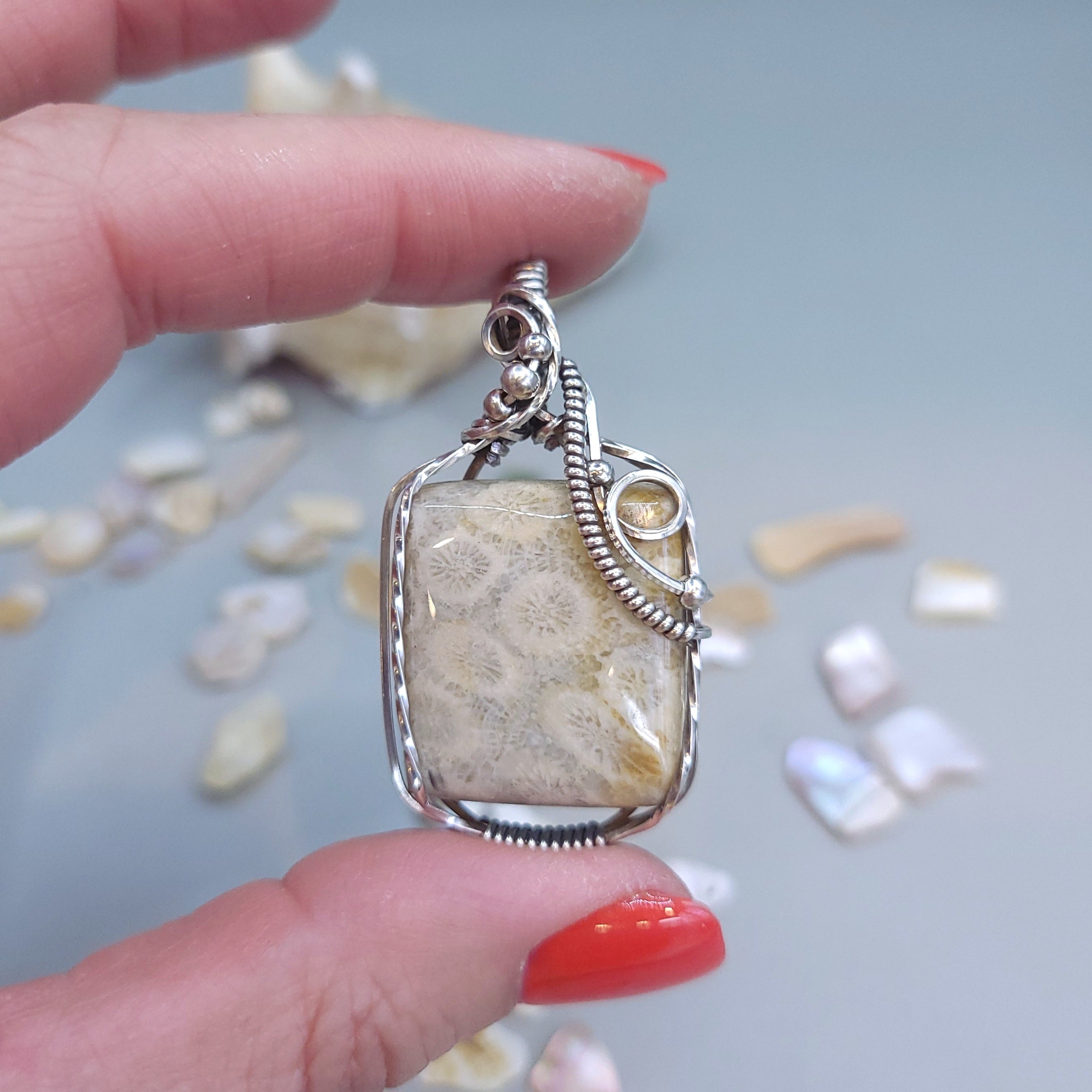 Antique Sterling Silver Fossilized Coral Pendant