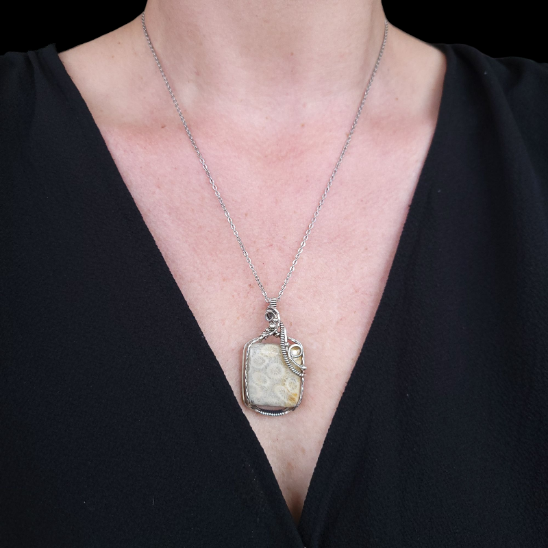 Antique Sterling Silver Fossilized Coral Pendant
