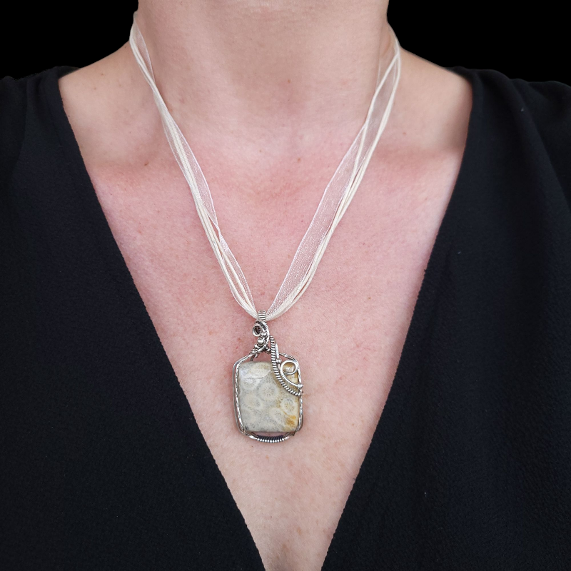 Antique Sterling Silver Fossilized Coral Pendant