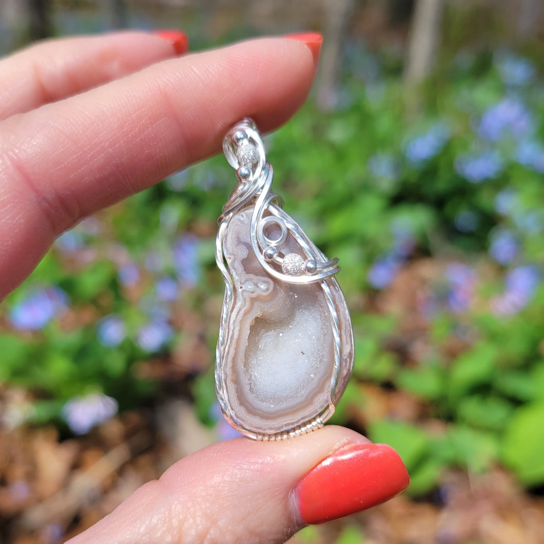 Sterling Silver White Druzy Agate Geode Pendant