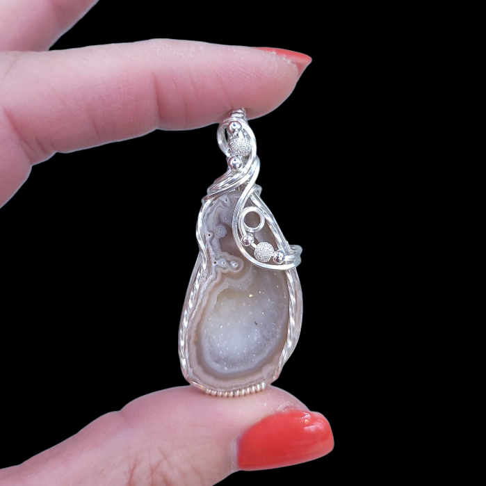 Sterling Silver White Druzy Agate Geode Pendant