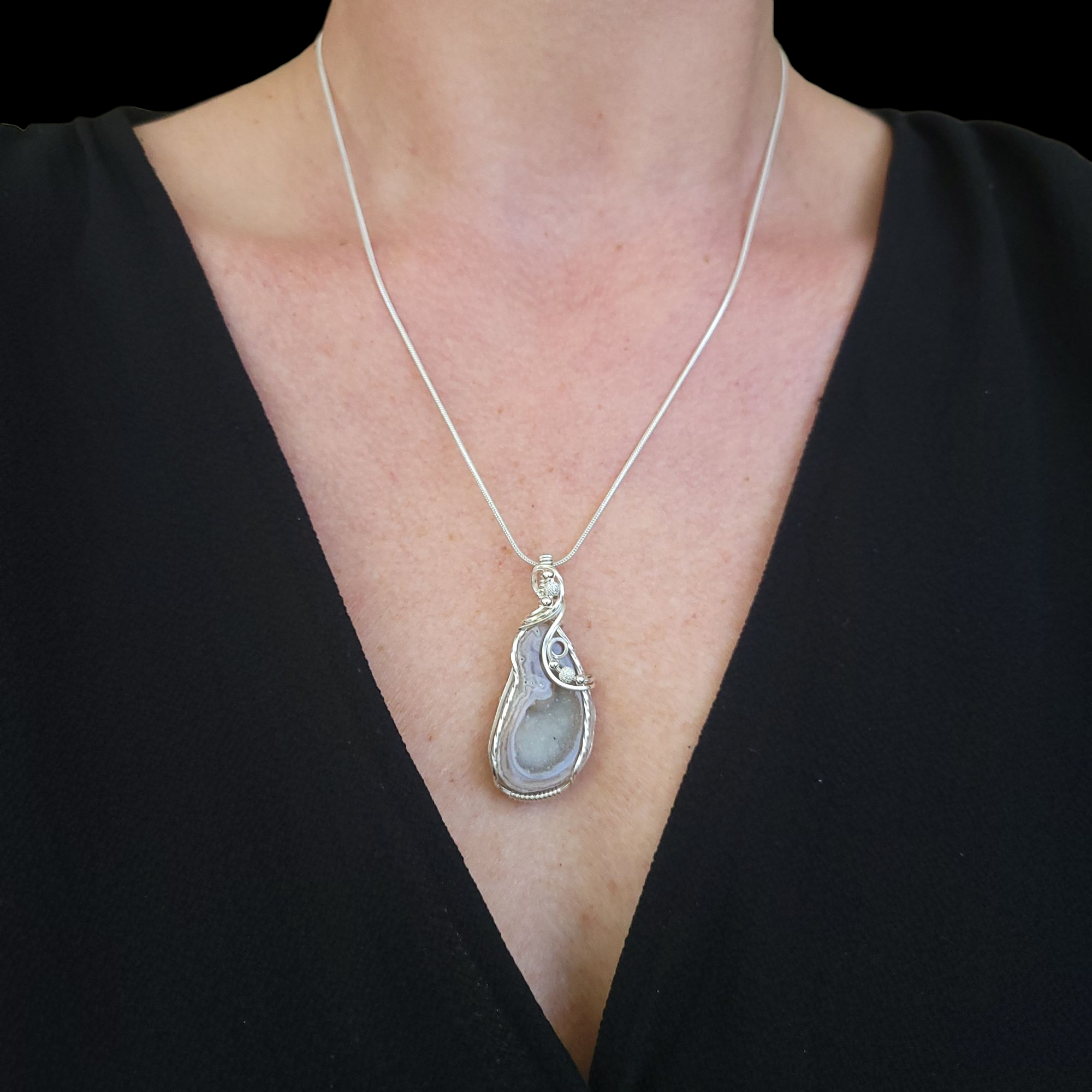 Sterling Silver White Druzy Agate Geode Pendant