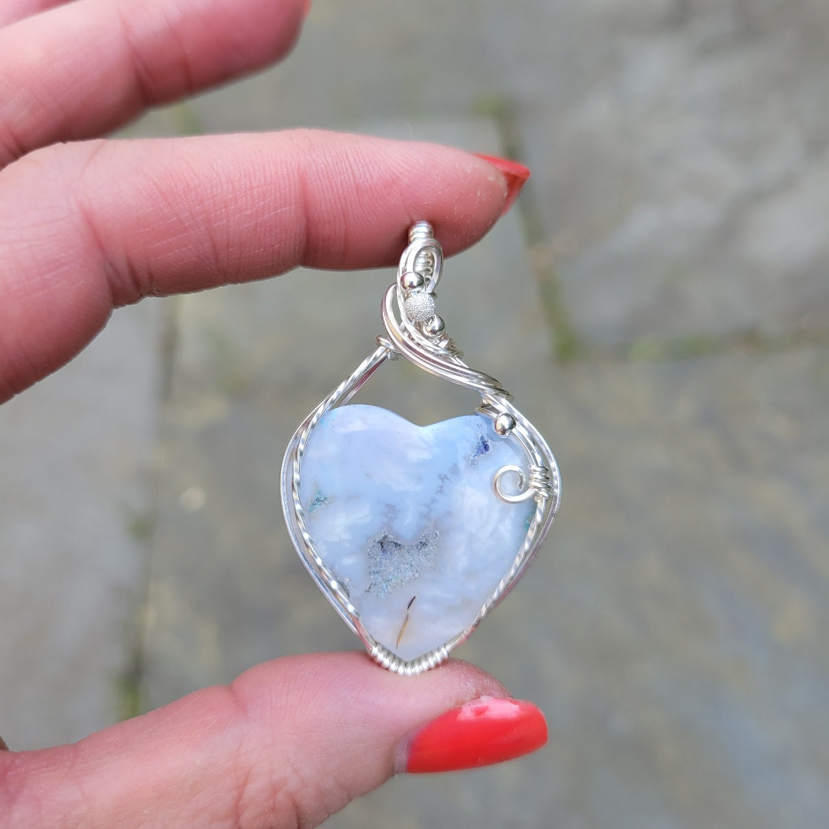Sterling Silver White Plume Agate Heart Pendant