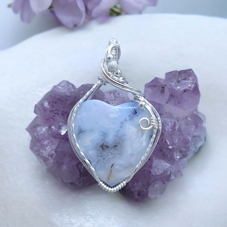 Sterling Silver White Plume Agate Heart Pendant