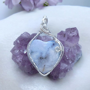 Sterling Silver White Plume Agate Heart Pendant