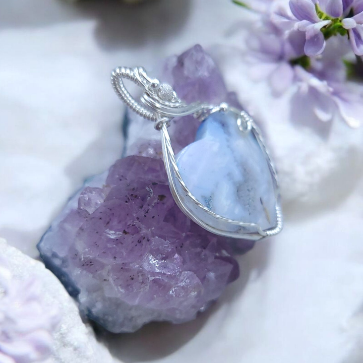 Sterling Silver White Plume Agate Heart Pendant