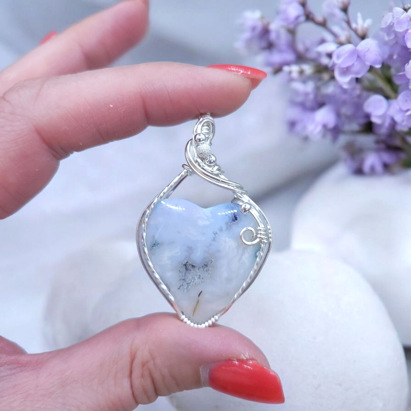 Sterling Silver White Plume Agate Heart Pendant