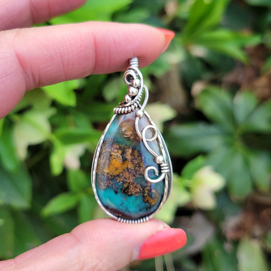 Antique Sterling Silver Opalized Wood Pendant