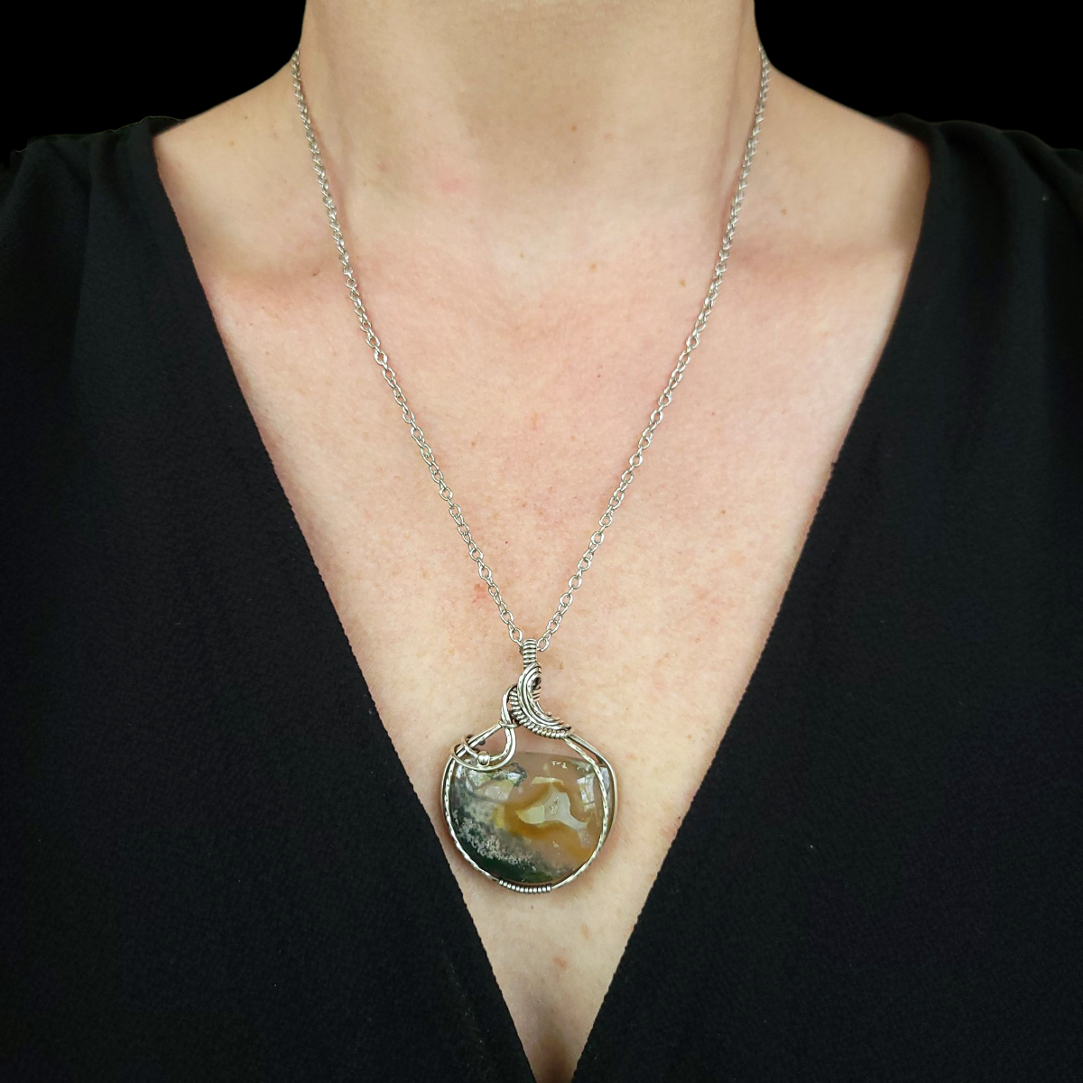 Antique Sterling Silver Moss Agate Pendant