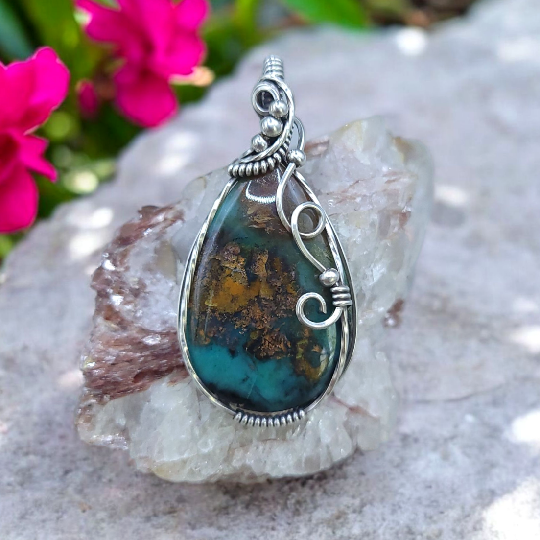 Antique Sterling Silver Opalized Wood Pendant