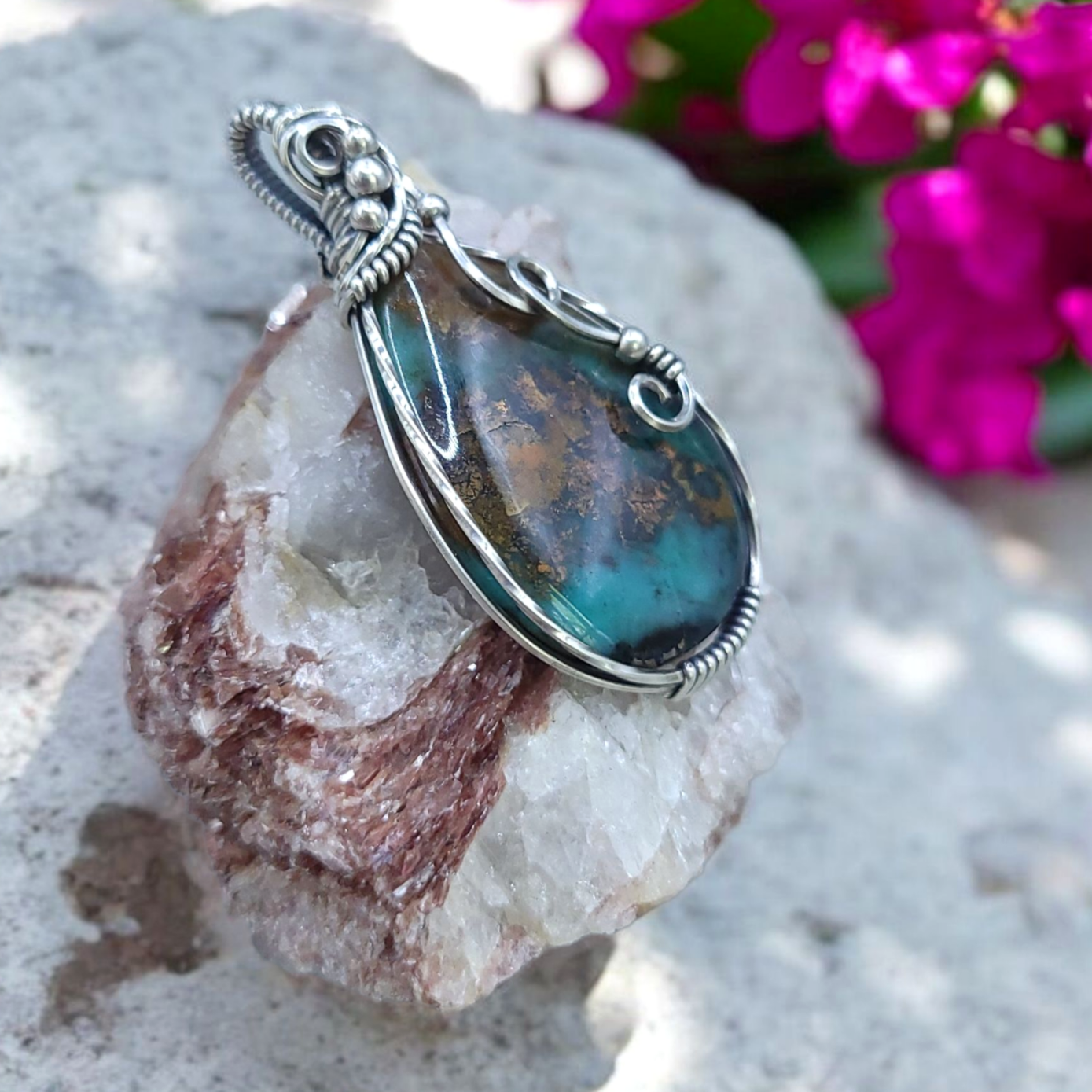 Antique Sterling Silver Opalized Wood Pendant