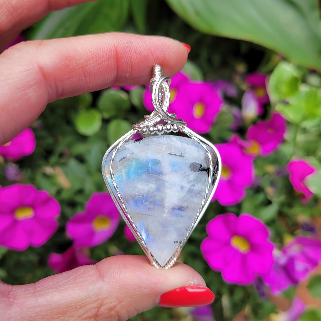 Sterling Silver Tourmalated Rainbow Moonstone Pendant