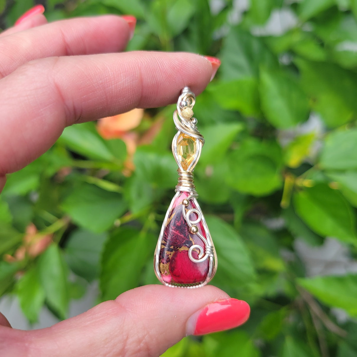 Mixed Metal Red Dahlia/Citrine Pendant