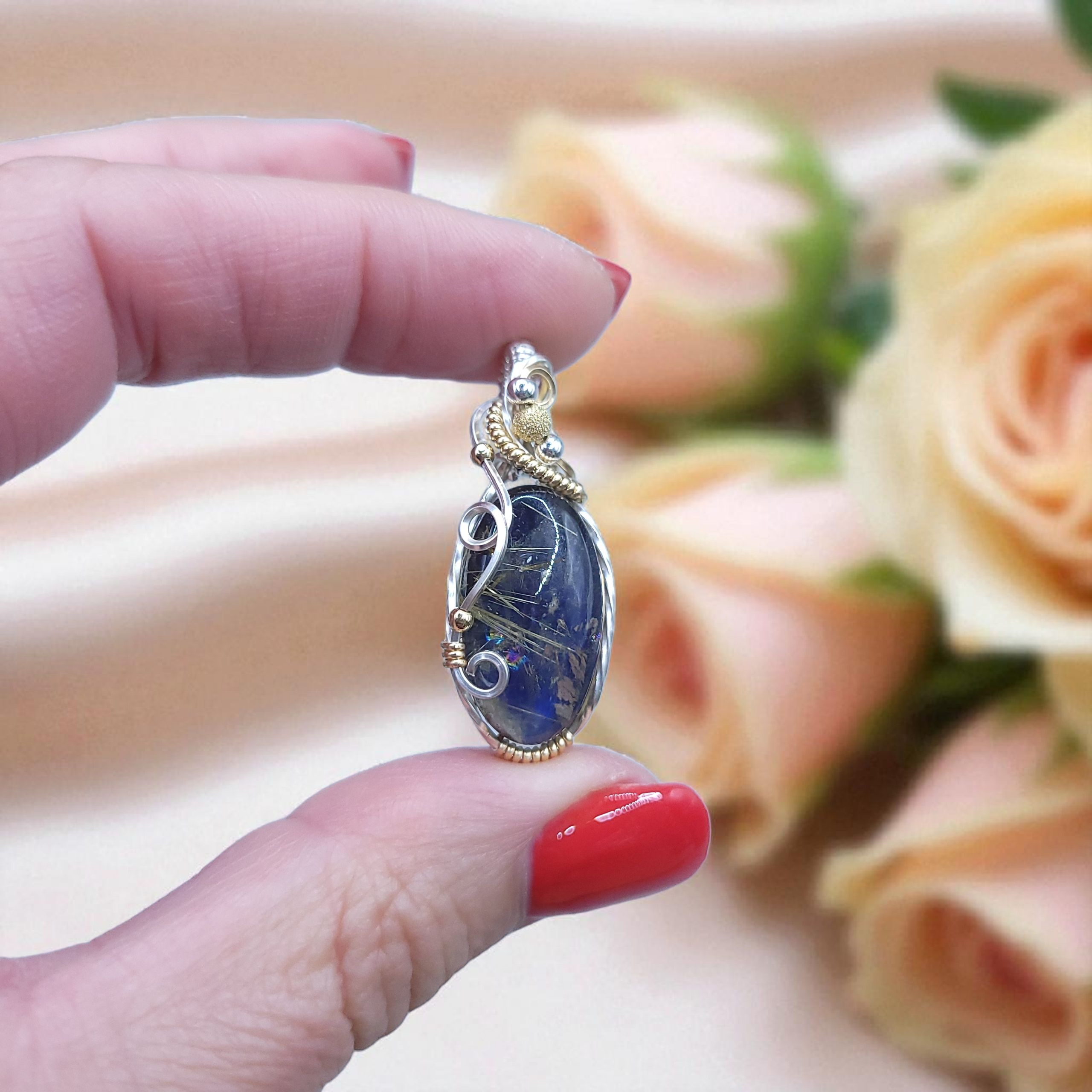 Mixed Metal Labradorite/Rutilated Quartz Doublet Pendant