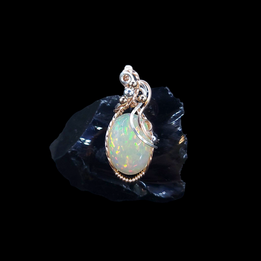 Mixed Metal Ethiopian Honeycomb and Pindot Fire Opal Pendant