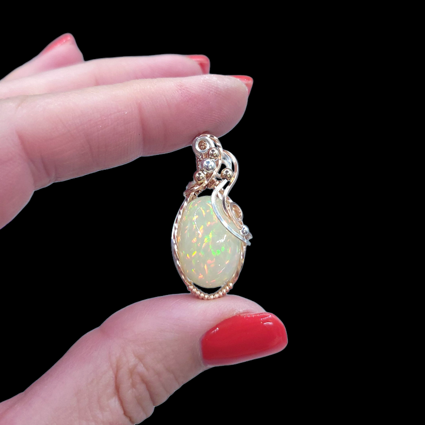 Mixed Metal Ethiopian Honeycomb and Pindot Fire Opal Pendant