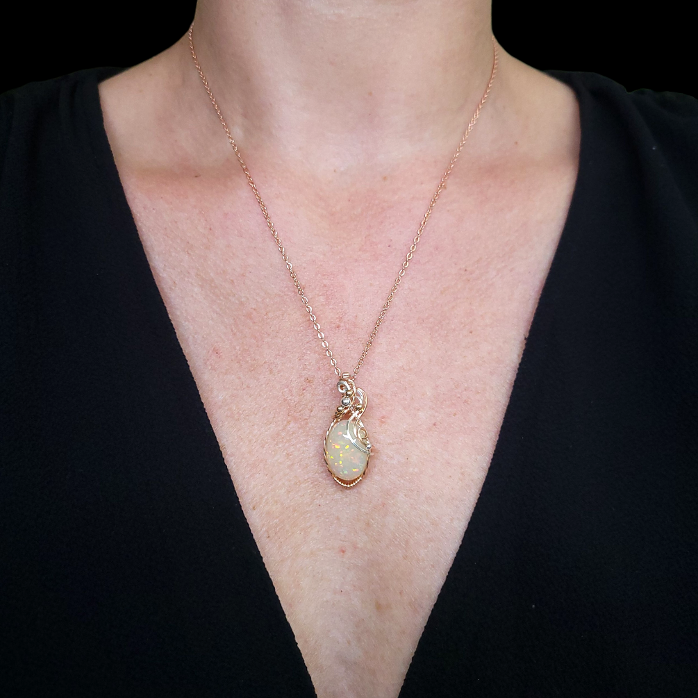 Mixed Metal Ethiopian Honeycomb and Pindot Fire Opal Pendant