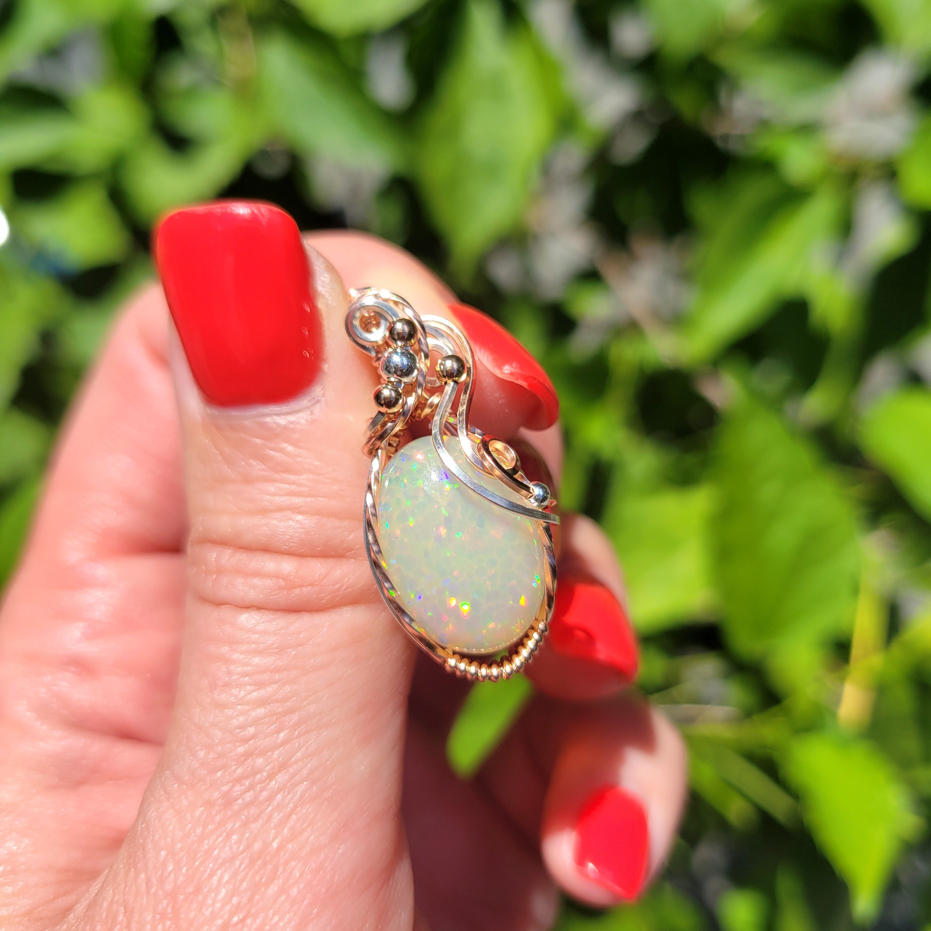 Mixed Metal Ethiopian Honeycomb and Pindot Fire Opal Pendant
