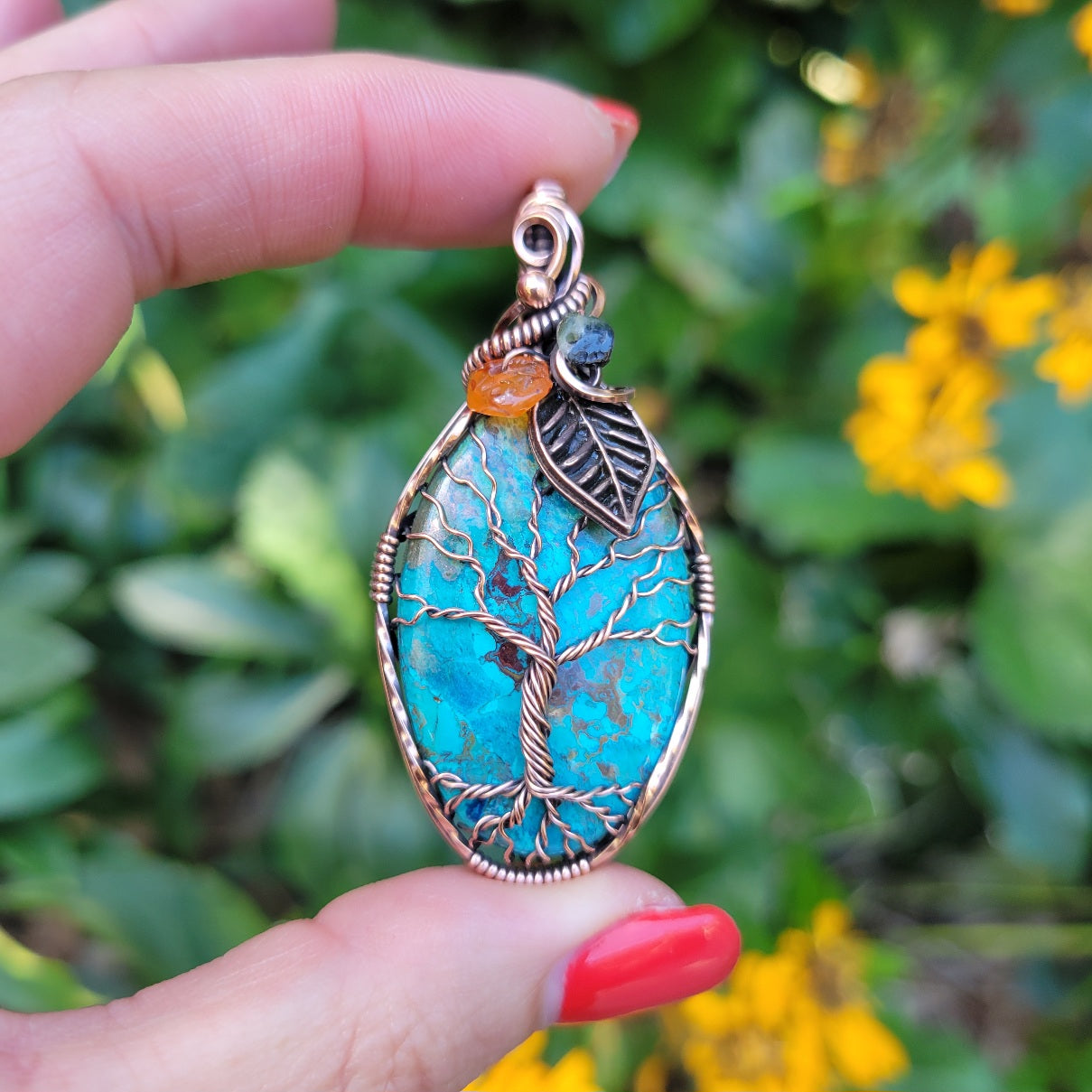 Shattuckite Fall Copper Tree Pendant