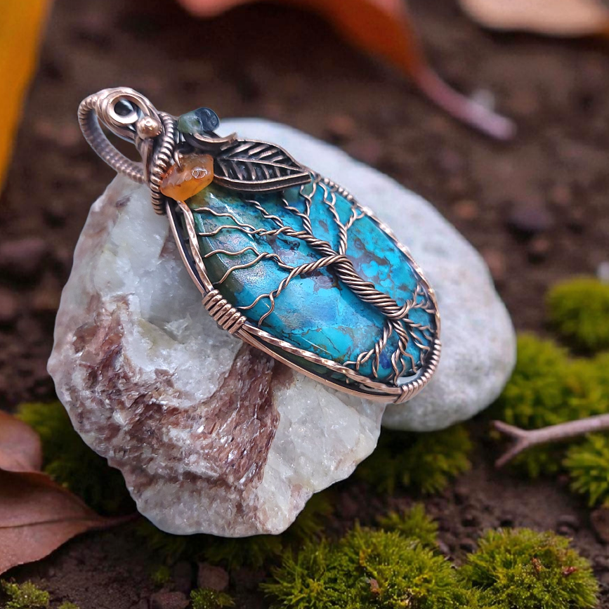 Shattuckite Fall Copper Tree Pendant