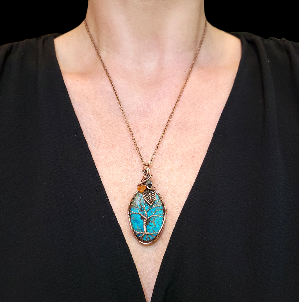 Shattuckite Fall Copper Tree Pendant