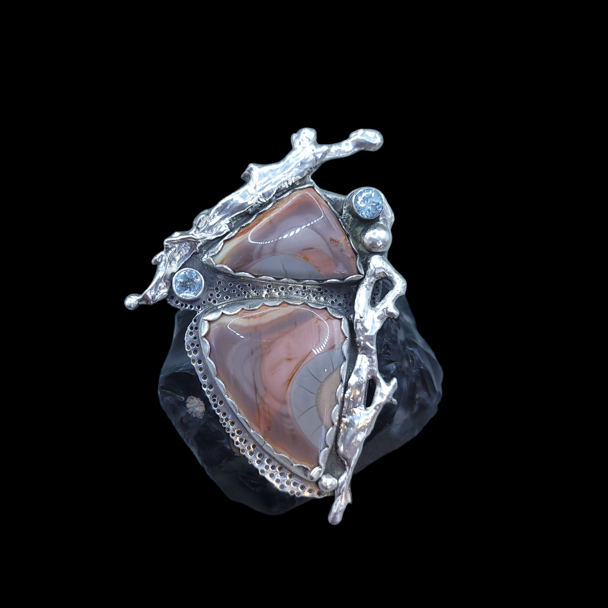 Antique Sterling and Fine Silver Imperial Jasper and Swiss Topaz Statement Pendant