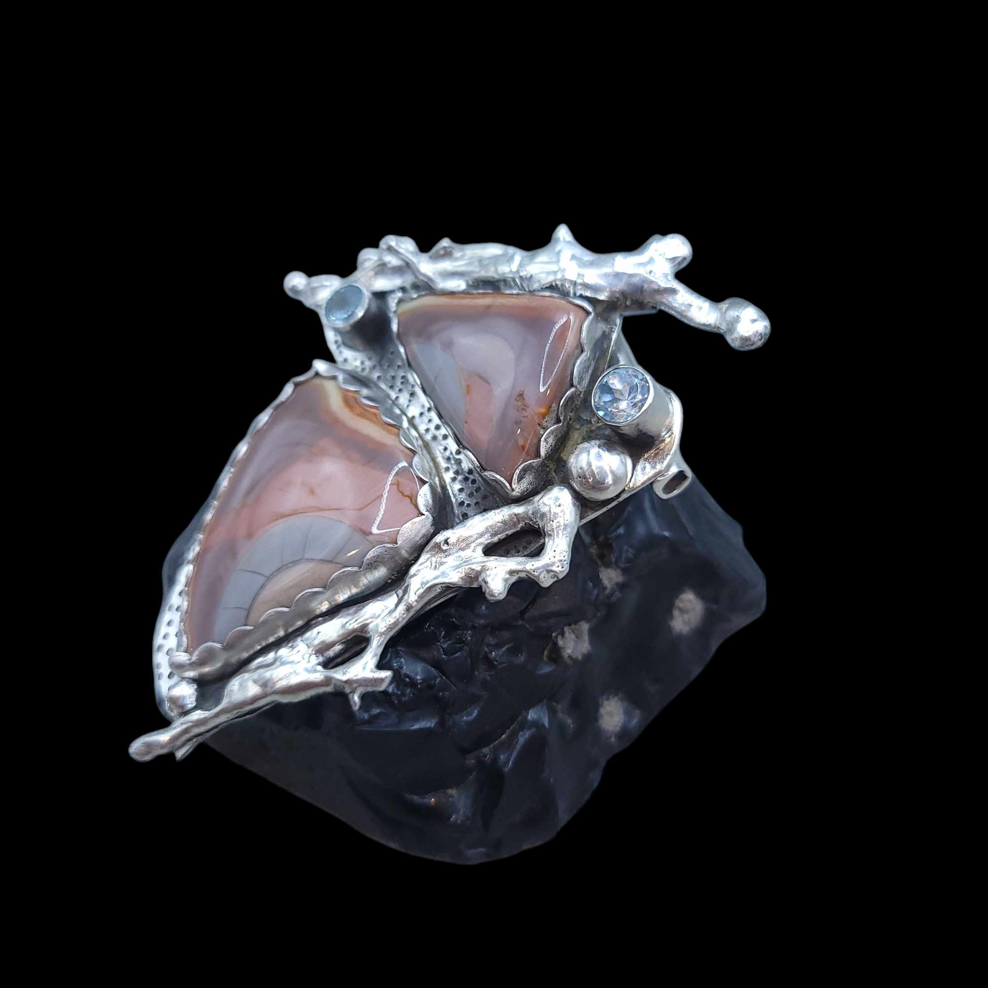 Antique Sterling and Fine Silver Imperial Jasper and Swiss Topaz Statement Pendant