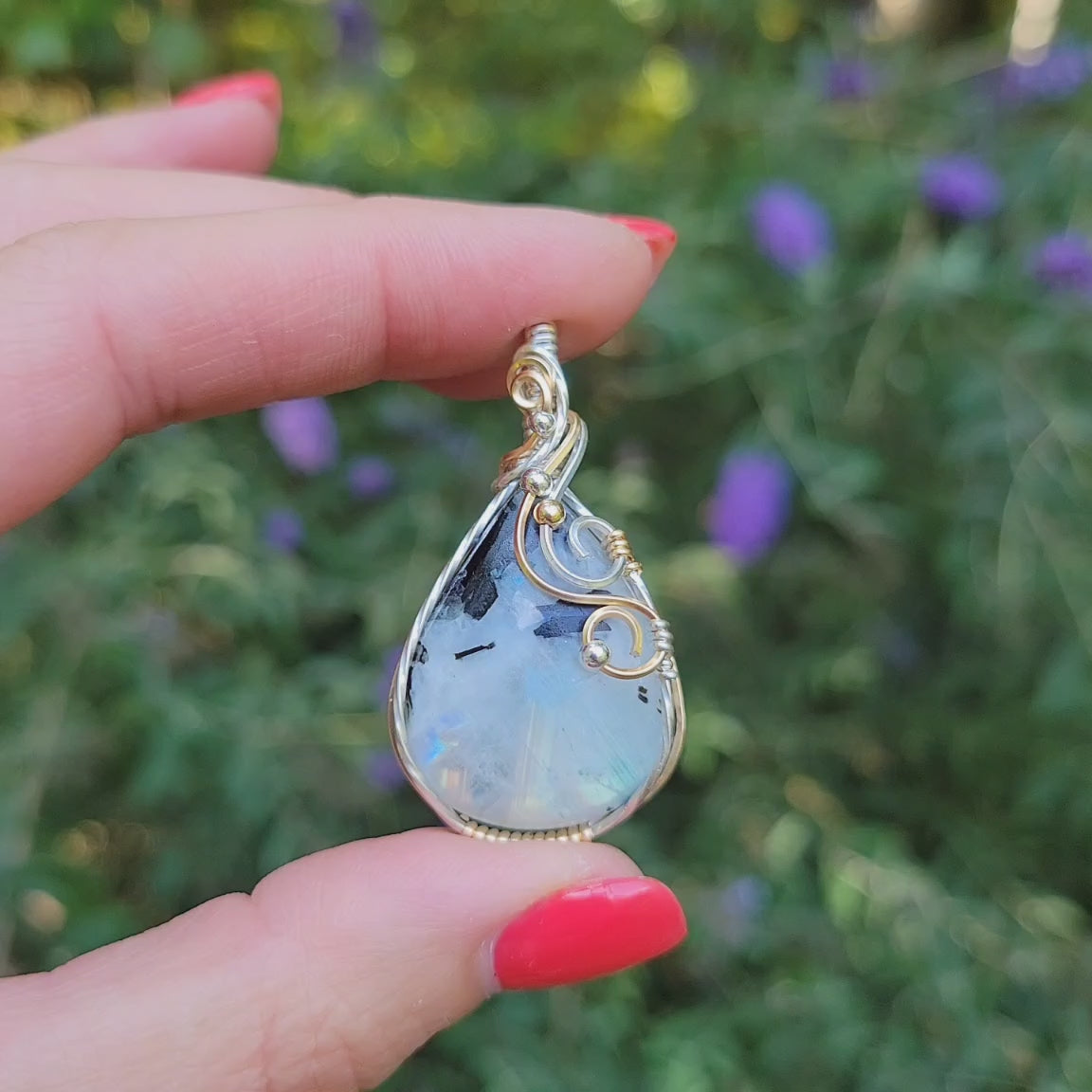 Mixed Metal Tourmalated Rainbow Moonstone Pendant