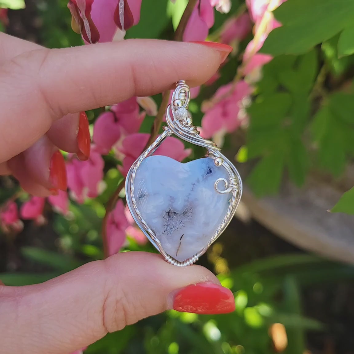Sterling Silver White Plume Agate Heart Pendant