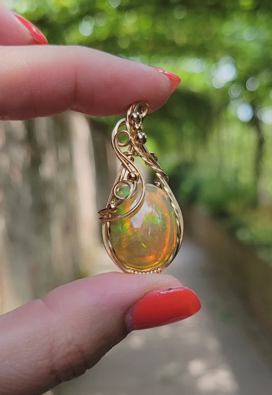 14K Gold Ethiopian Fire Opal Pendant