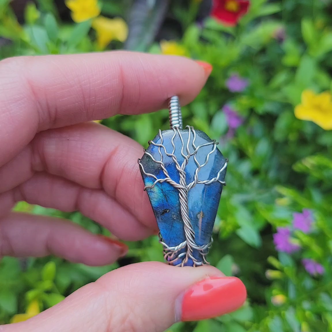 Antiqued Sterling Silver Labradorite Coffin Tree Pendant