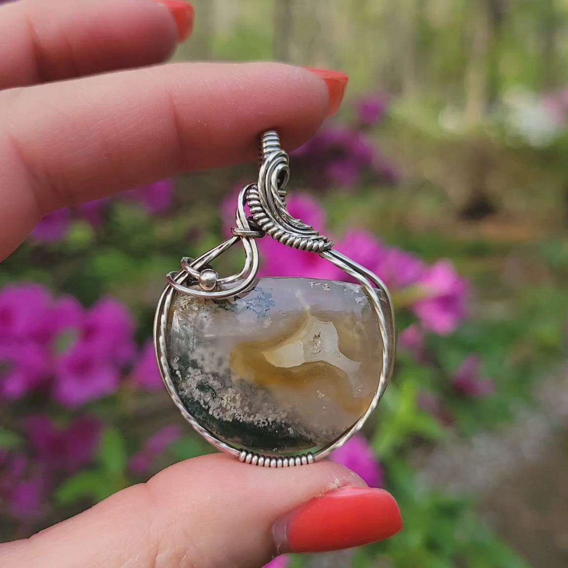 Antique Sterling Silver Moss Agate Pendant