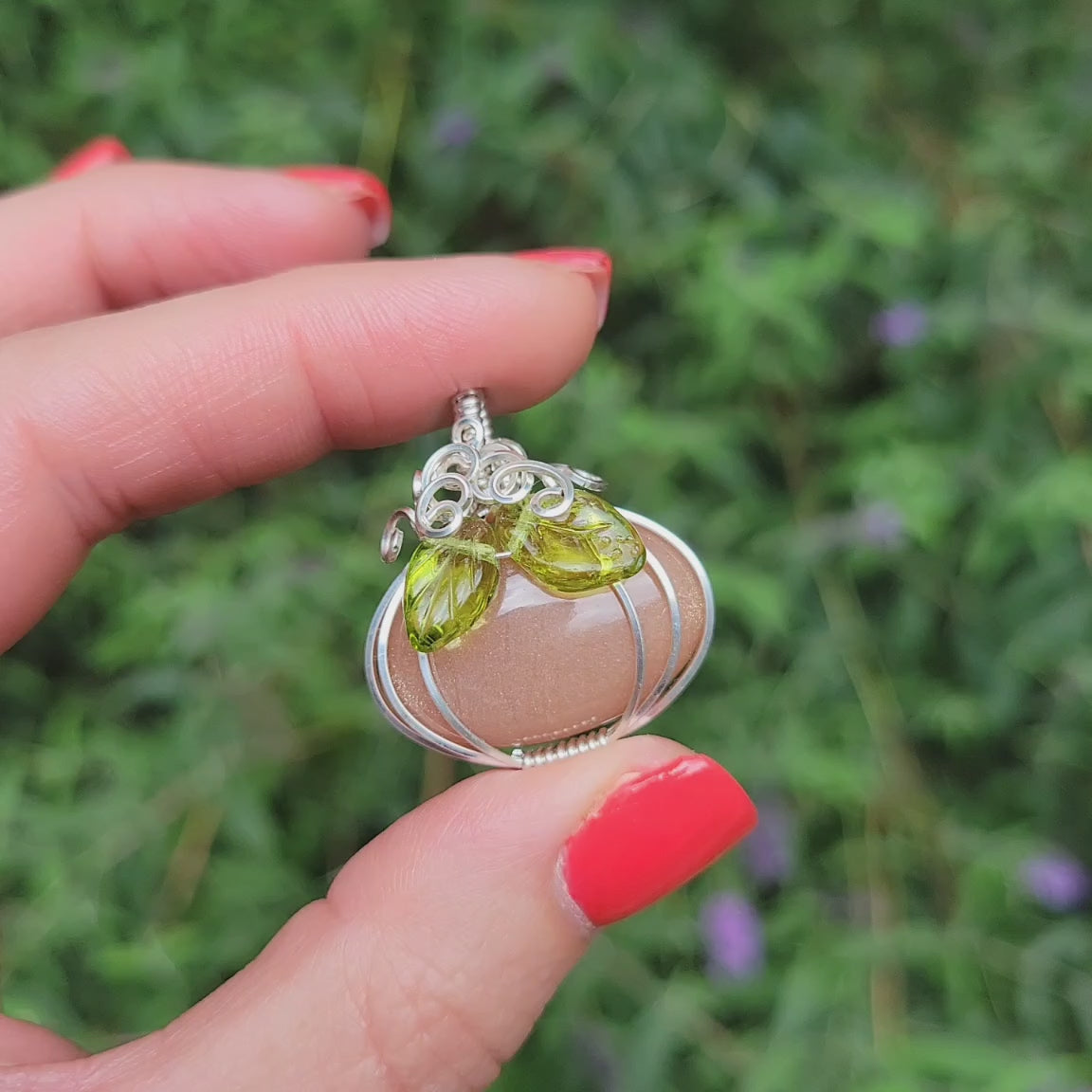 Sterling Silver Peach Moonstone Pumpkin Pendant