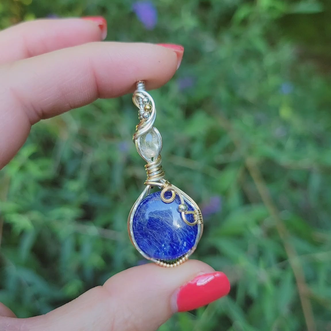 Mixed Metal Lapis Lazuli/ Rutilated Quartz Doublet Pendant