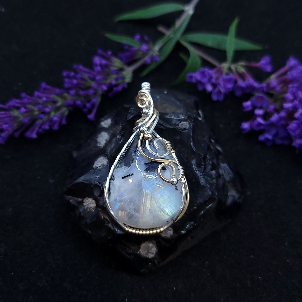 Mixed Metal Tourmalated Rainbow Moonstone Pendant