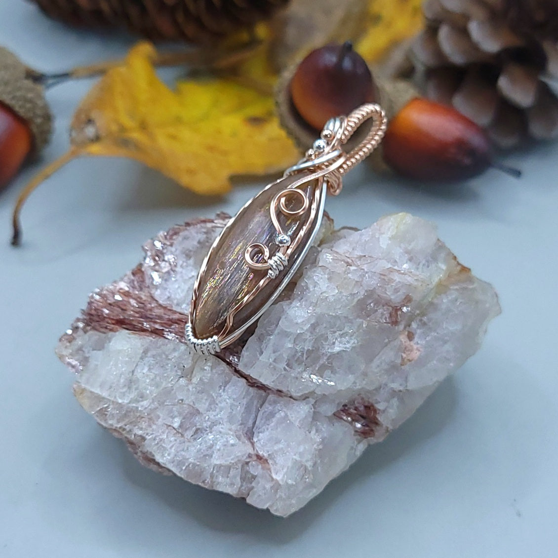 Mixed Metal Meteor Shower Rainbow Lattice Sunstone Pendant