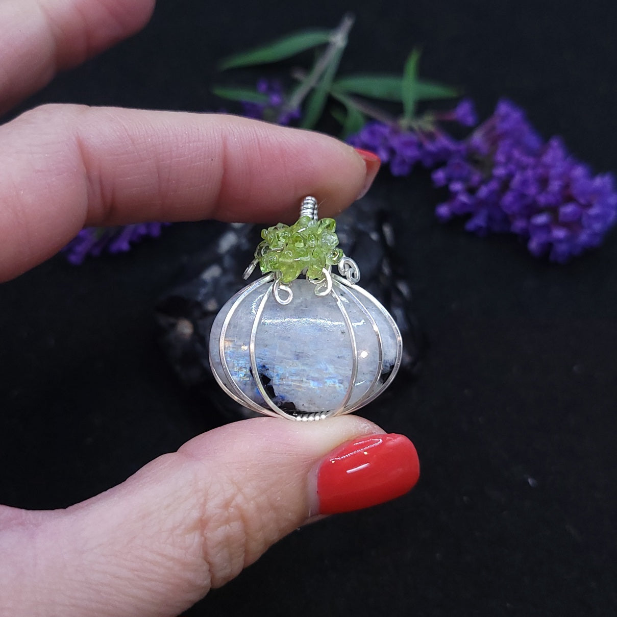 Sterling Silver Tourmalated Moonstone Pumpkin Pendant