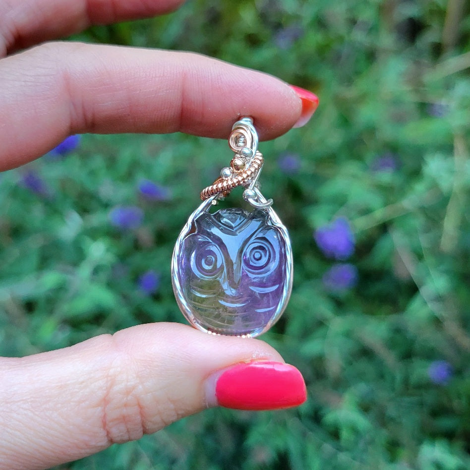 Mixed Metal Carved Owl Ametrine Pendant