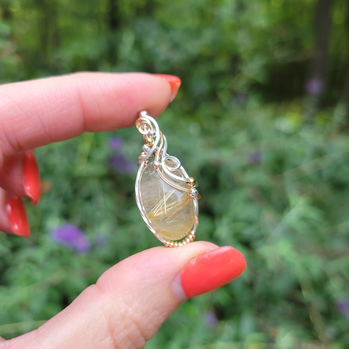 Mixed Metal Rutilated Quartz Pendant