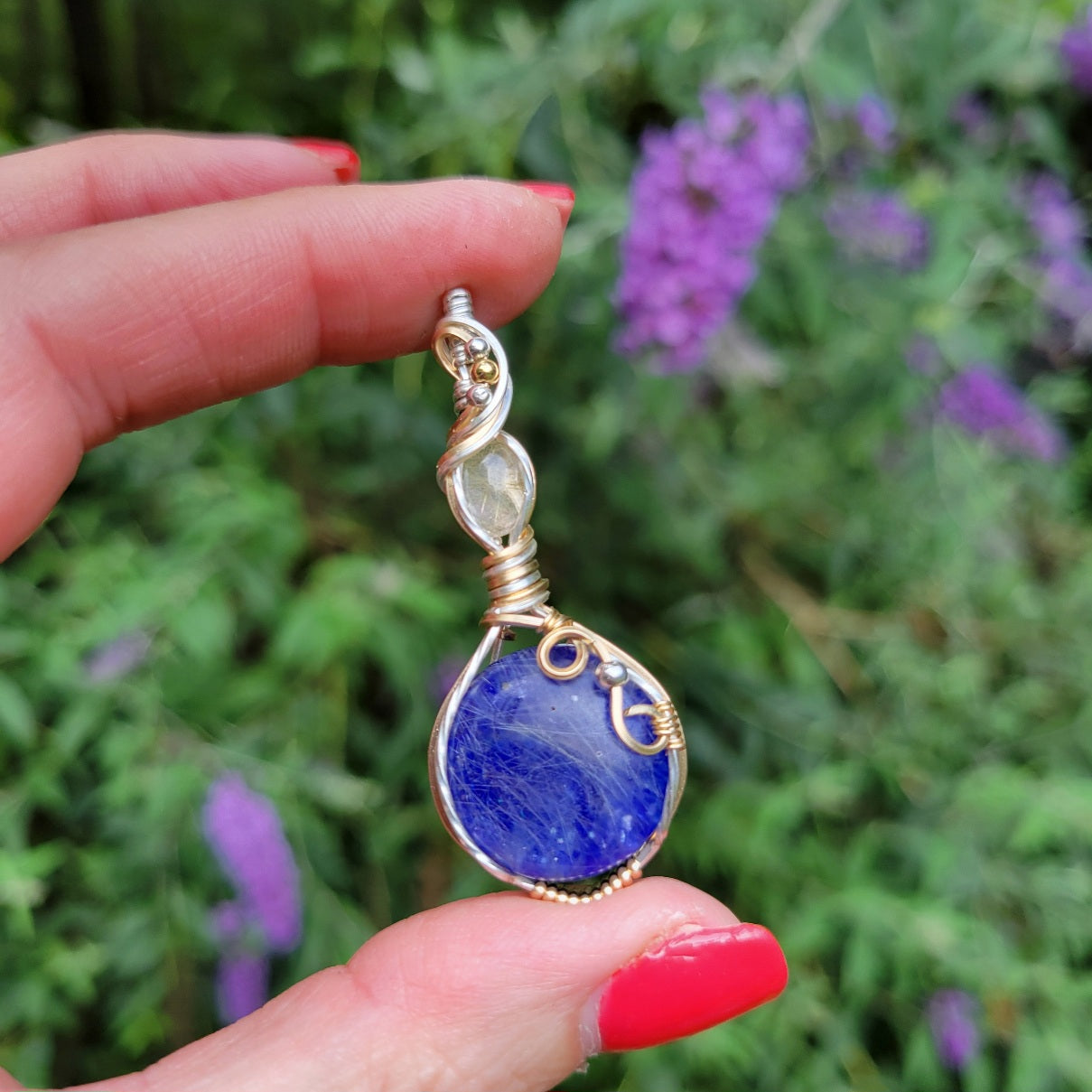 Mixed Metal Lapis Lazuli/ Rutilated Quartz Doublet Pendant