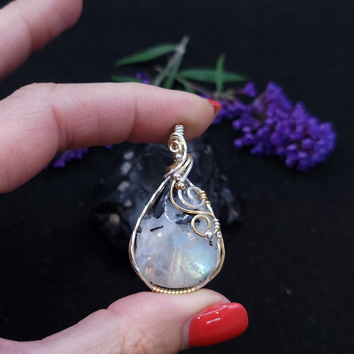 Mixed Metal Tourmalated Rainbow Moonstone Pendant