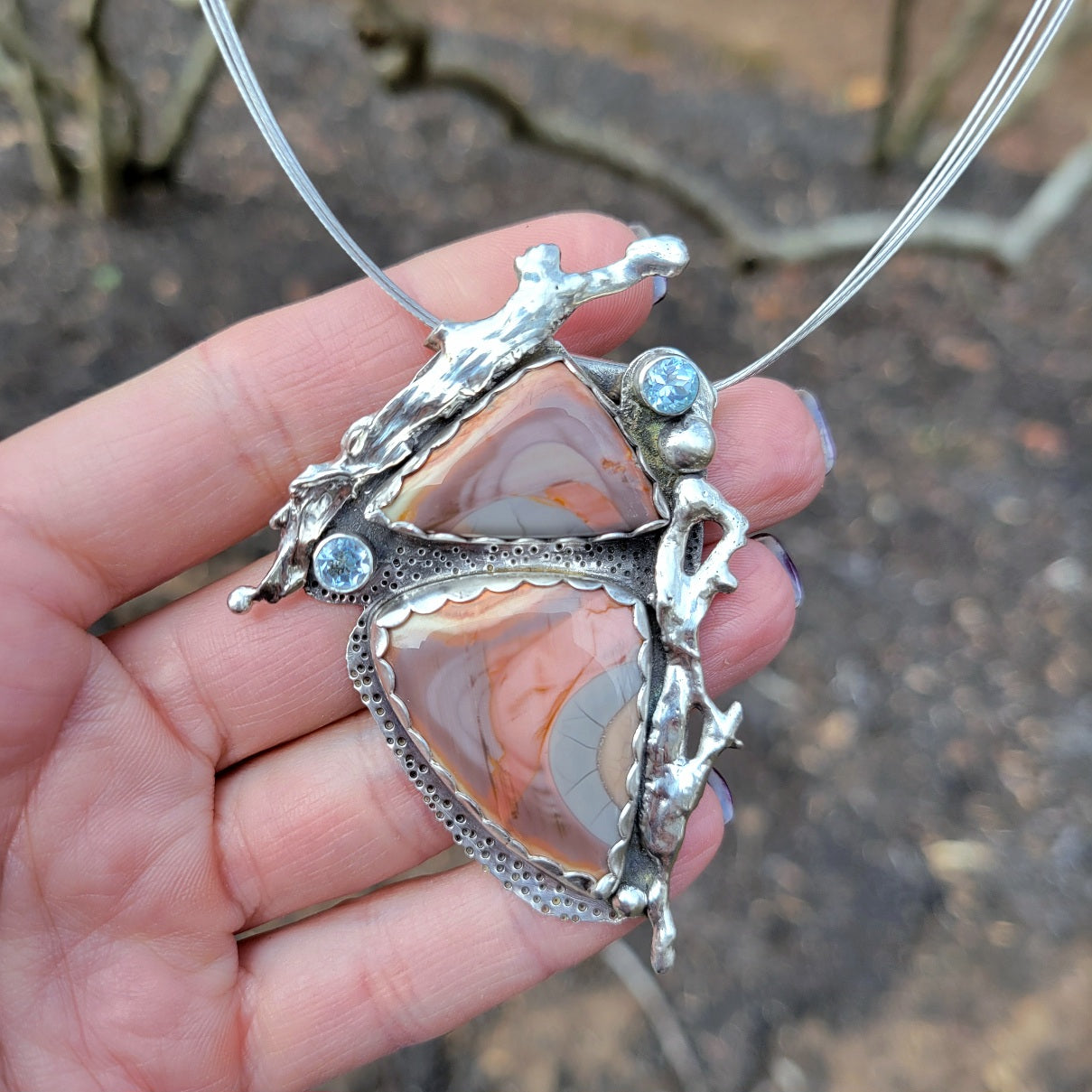Antique Sterling and Fine Silver Imperial Jasper and Swiss Topaz Statement Pendant