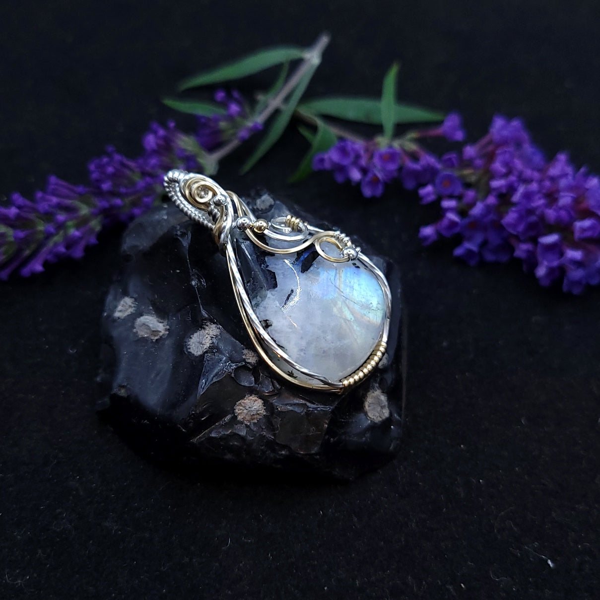 Mixed Metal Tourmalated Rainbow Moonstone Pendant