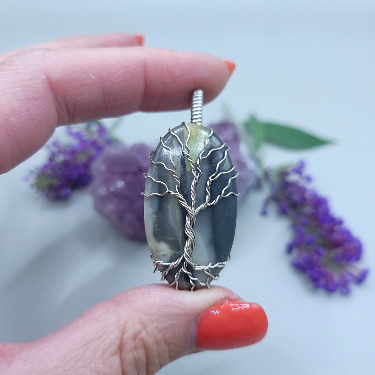 Antiqued Sterling Silver Picasso Jasper Tree Pendant