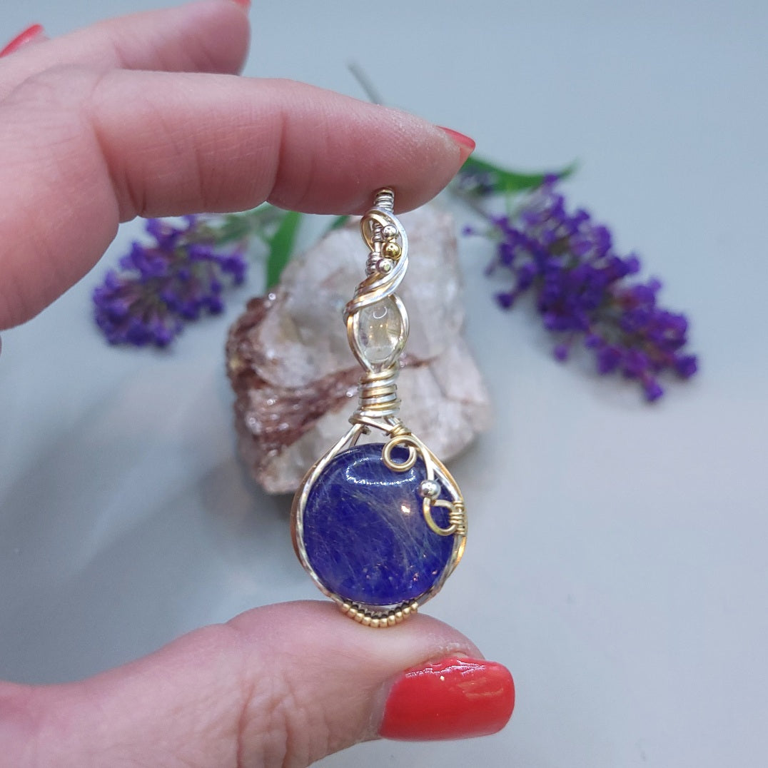 Mixed Metal Lapis Lazuli/ Rutilated Quartz Doublet Pendant